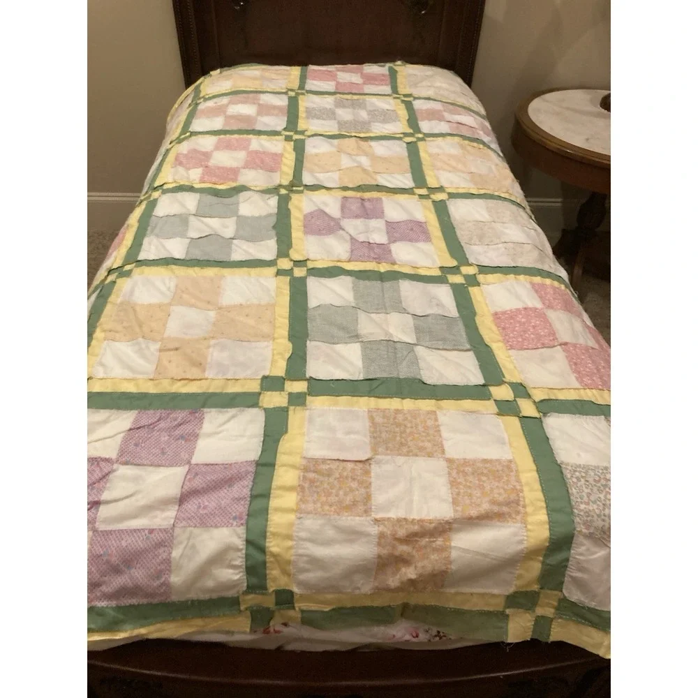 Vintage Hand Sewn Nine Patch Quilt Top Sashing And Cornerstones 70x81 Unfinished